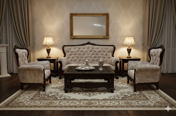 Wooden 5 Seater Sofa Set with Table | Solid Wood Sofa 3+1+1 Dark Walnut Finish | Traditional Design Furniture for Living Room, Home, Office