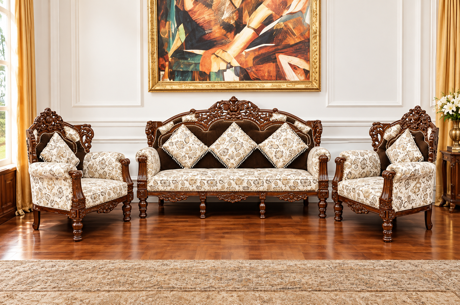 Wooden 5 Seater Sofa Set | 3+1+1 Solid Wood Hand-Carved White Brown Sofa | Traditional Design Furniture for Living Room | Home | Office Seating