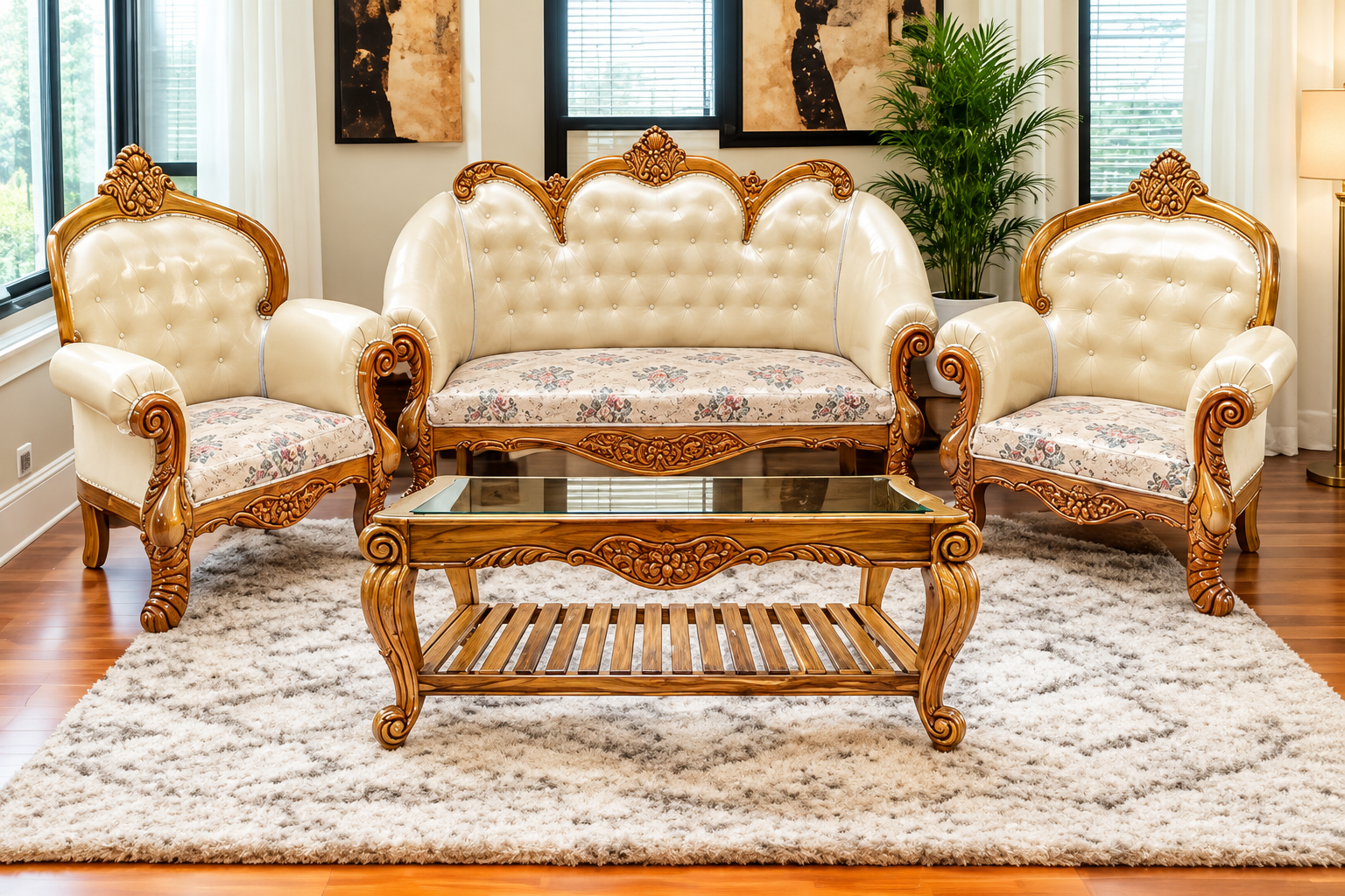 Wooden 5 Seater Sofa Set with Center Table | 3+1+1 | Solid Wood Hand-Carved White Sofa with Traditional Design Furniture for Living Room | Home | Office