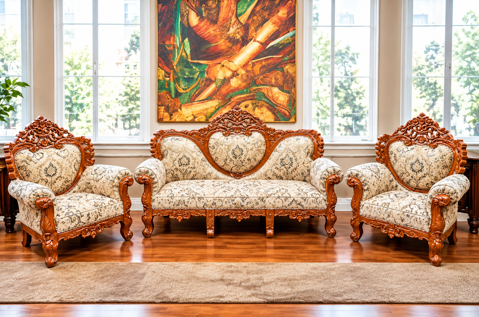 Wooden 5 Seater Sofa Set | Teak Wood Hand-Carved Sofa 3+1+1 Traditional Design Furniture for Living Room, Home, Office Seating