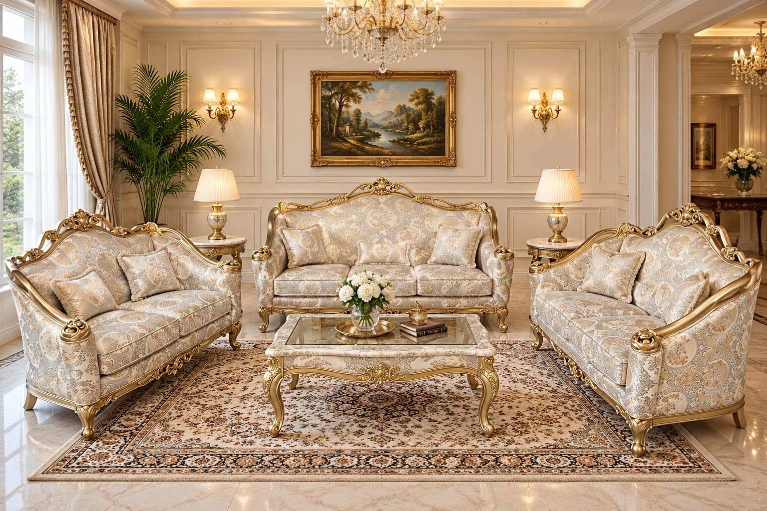 Wooden 7 Seater Sofa Set, Solid Wood Hand-Carved Sofa 3+2+2 Traditional Design Furniture for Living Room, Home, Office