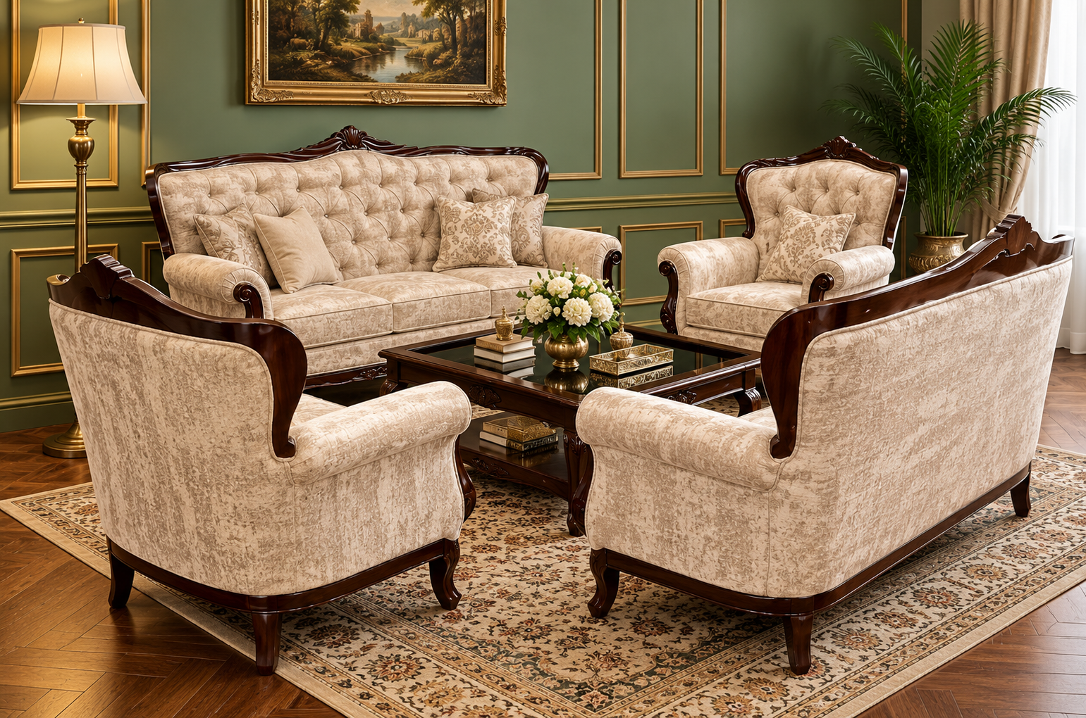Wooden 8 Seater Sofa Set with Coffee Table | 3+3+1+1 Solid Wood Sofa Set with Cushioning | Traditional Design Furniture for Living Room, Home, Office